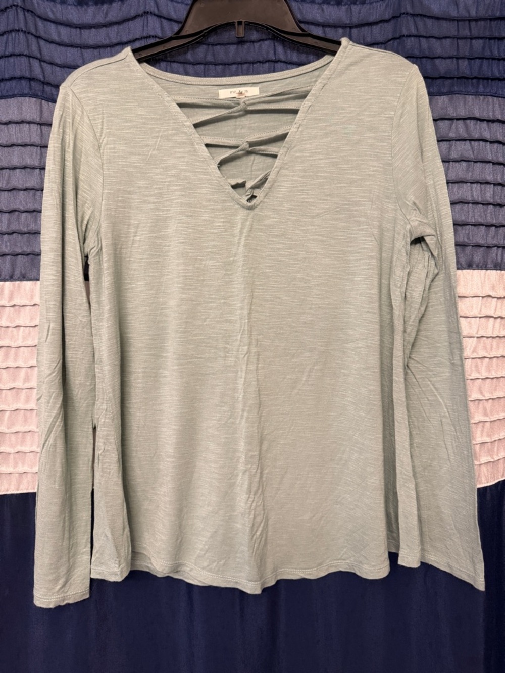 Maurices Light Sage Green Long Sleeve V-Neck Lace-Up Top